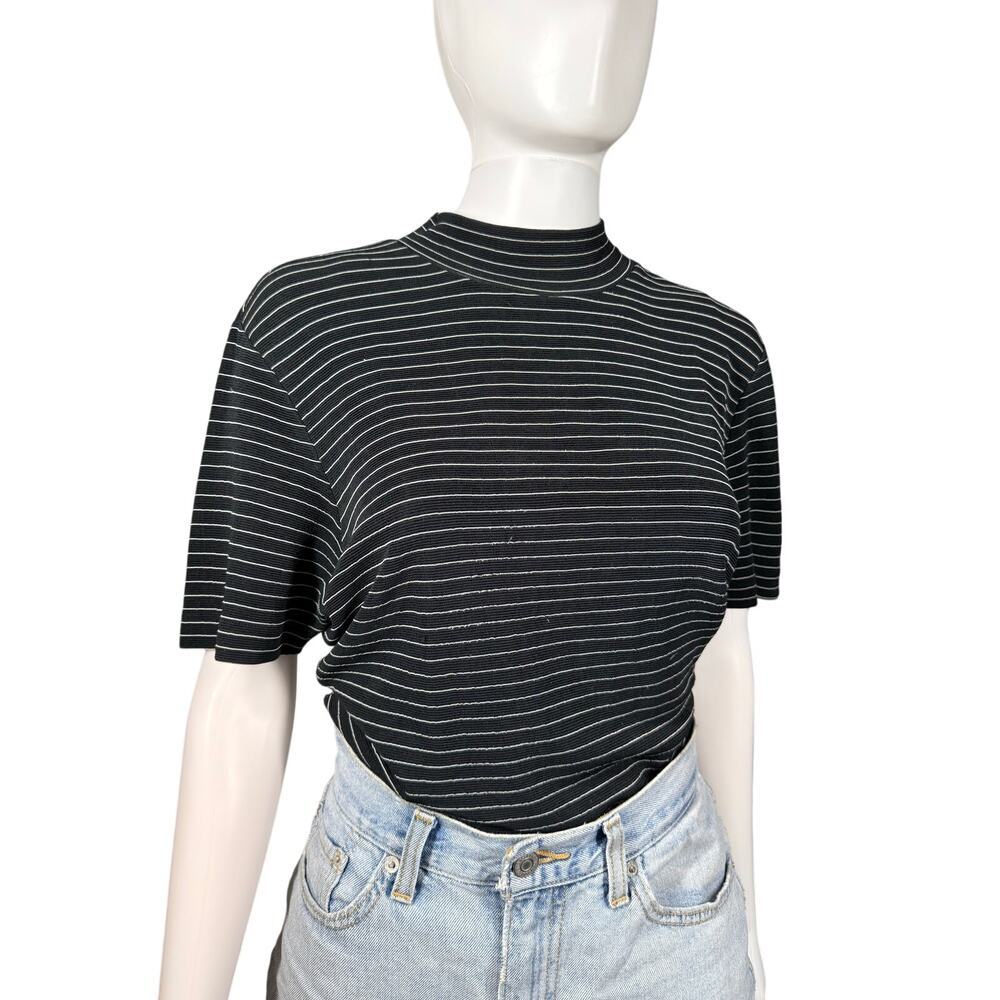 Liz Claiborne LizSport Vintage Black White Stripe Mock Neck Slinky Top Medium